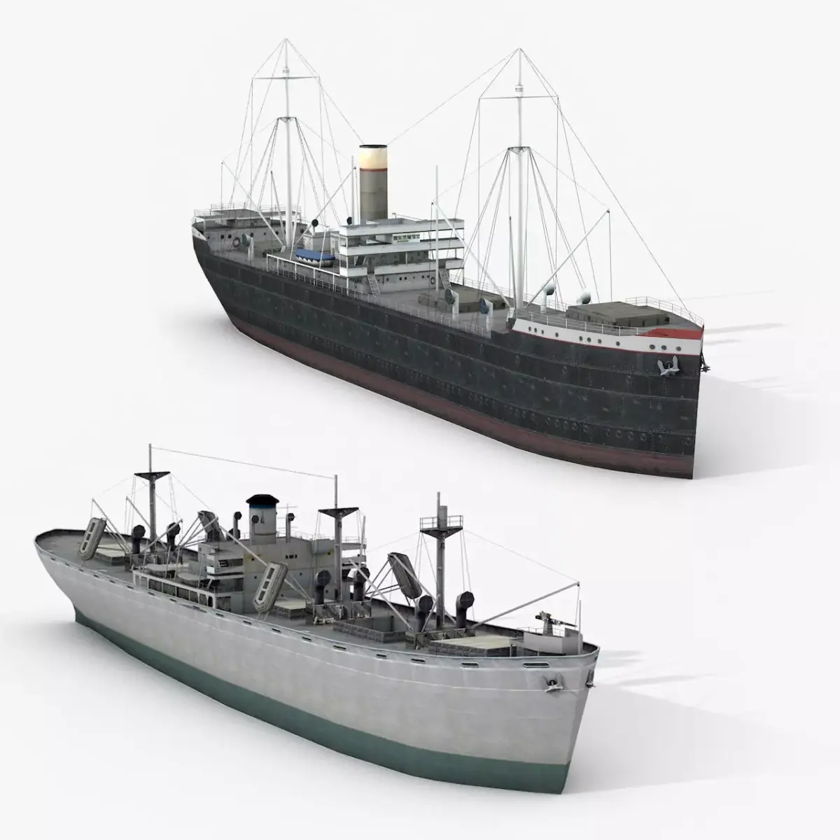 Old Retro Motor Ship Cargo and Military 3D Models Low-poly 3D model