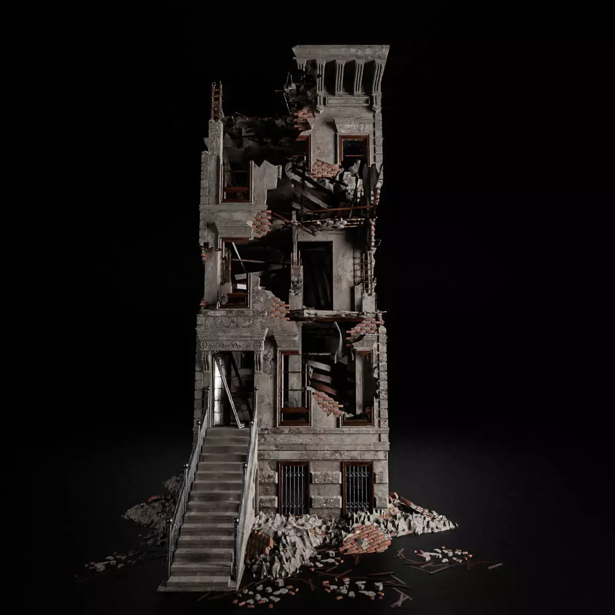 DESTROYED OLD BUILDING POST APOCALYPSE 003 Low-poly 3D model