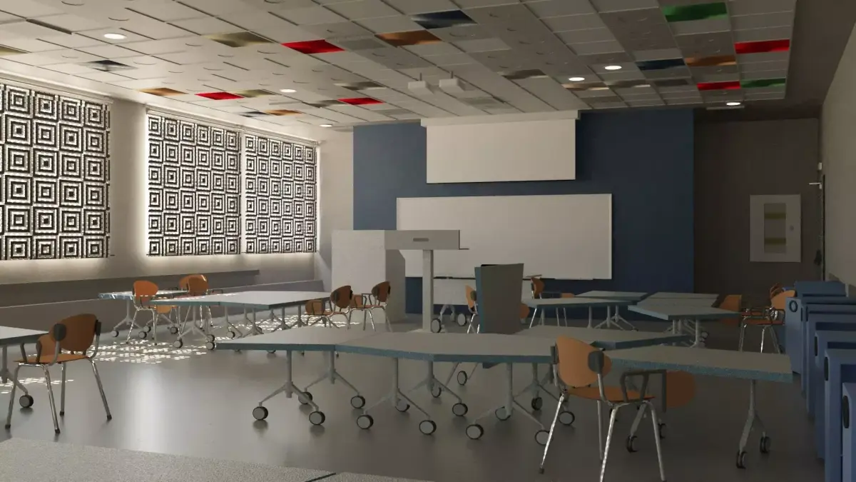 Colorful Dynamic Learning Classroom with animated roller shades 3D model