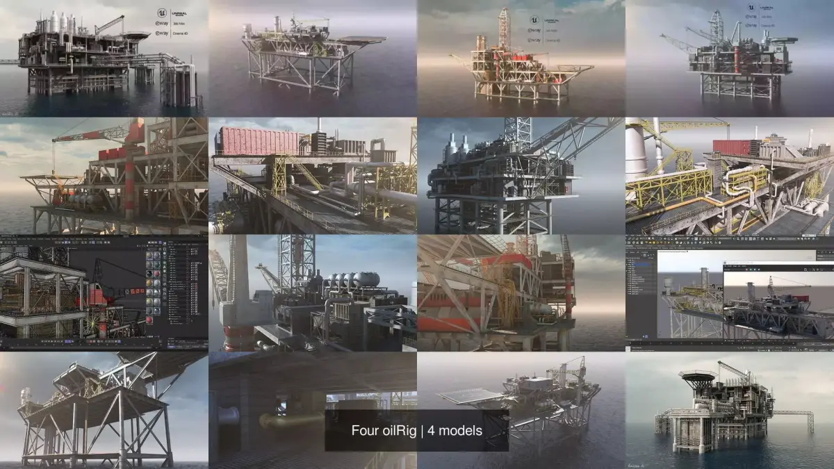 Four oilRig 3D Model Pack