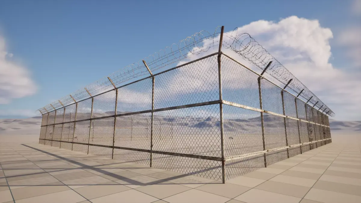 Modular Mesh Fence with Barbed Wire Low-poly 3D model