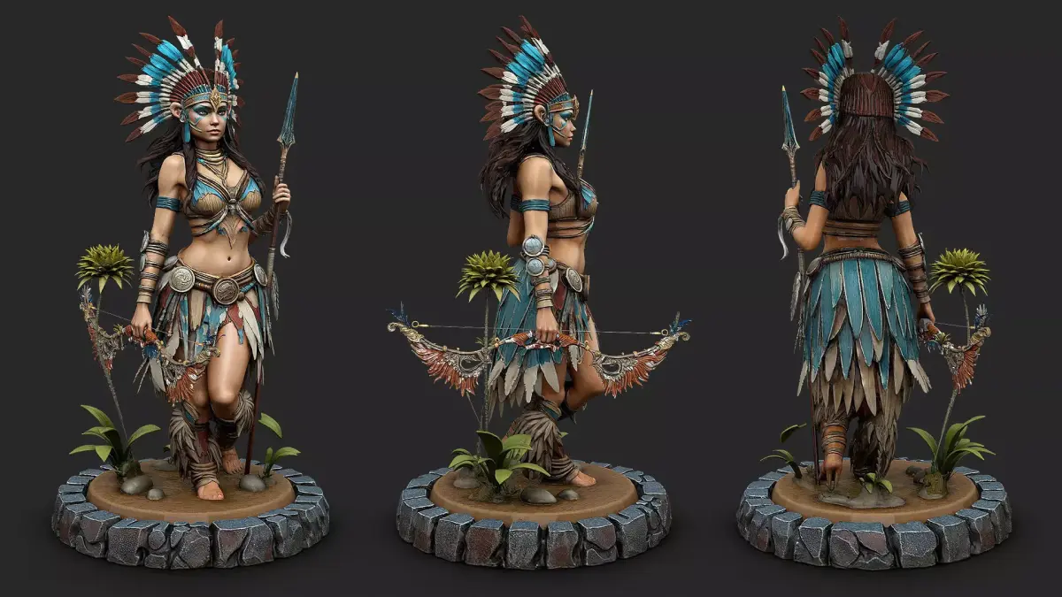 Native american warrior woman on stand with bow high poly 3D model
