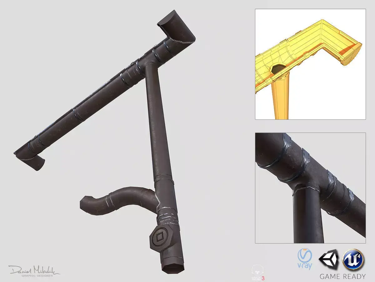 Old brown Gutter System PBR Low-poly 3D model
