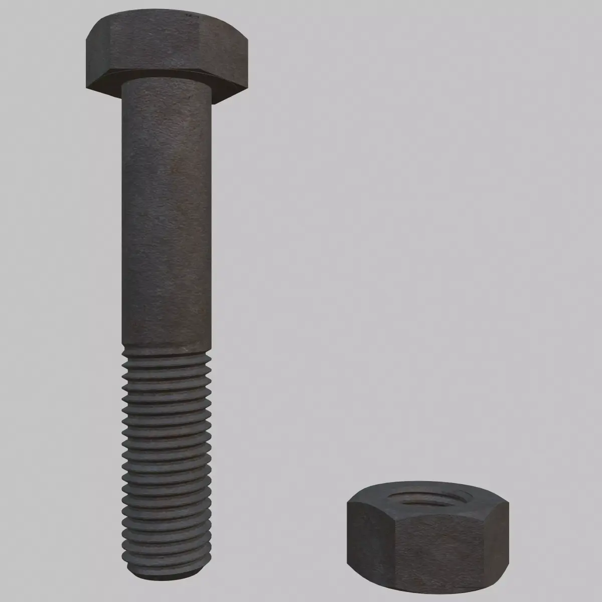 M12 Hex Bolts and Nuts with Rusty Iron Texture Fine Threads 3D model