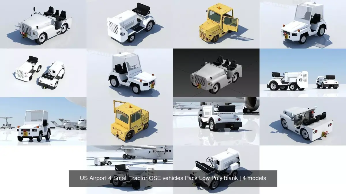US Airport 4 Small Tractor GSE vehicles Pack Low Poly blank