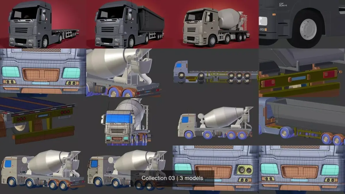 Generic Flatbed Trailer Truck - Cement Mixer - Construction 3D Model Pack