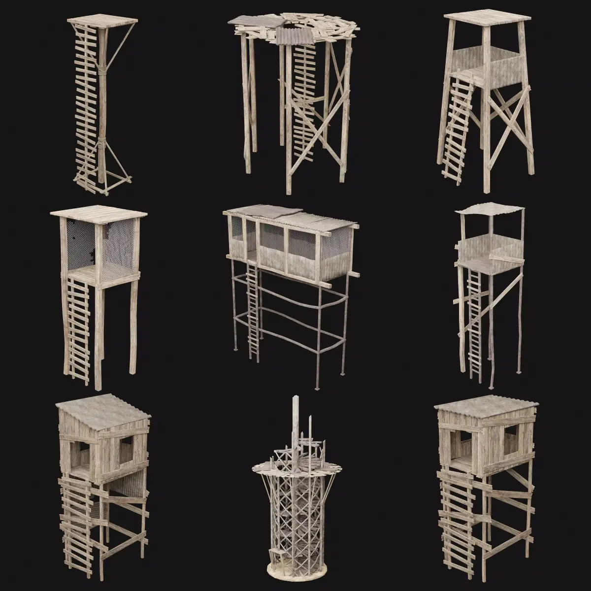 POST APO WOODEN WATCHTOWER IMPROVISED PLATFORM FORT SHELTER Low-poly 3D model