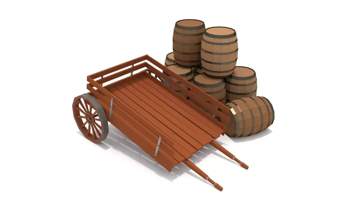 Rigged Wagon with Barrels Low-poly 3D model