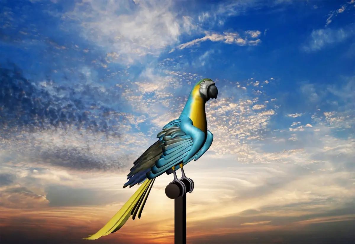 3d Bird model parrot perched on pole at sunset Low-poly 3D model