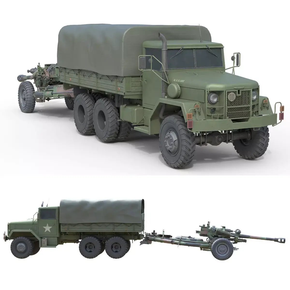 Military Truck m35a2 with Field Howitzer M119  Low-poly 3D model