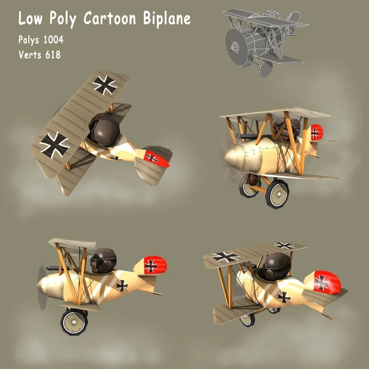 Low poly WW1 Cartoon Biplane Low-poly 3D model