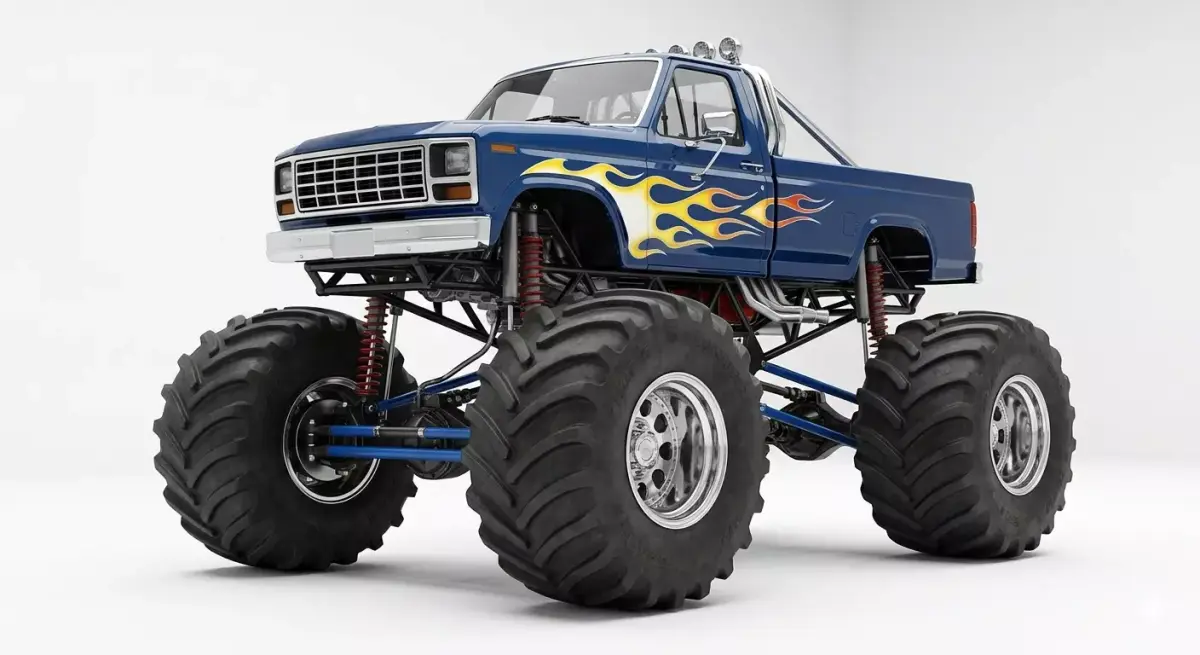 Custom Blue Monster Truck with Flame Graphics 3D model