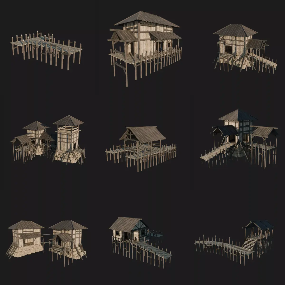 VIKING NORSE PORT HARBOR PIER PLATFORM VILLAGE COLLECTION Low-poly 3D model