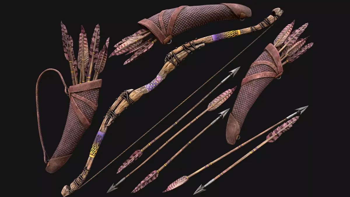 Wooden Bow and Quiver Arrows Fair Medieval Low-poly 3D model