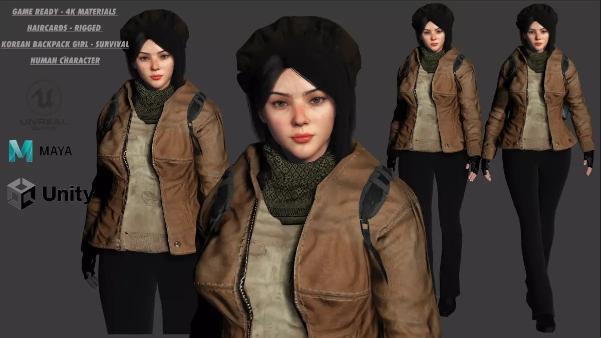 3D HYPER REALISTIC HUMAN RIG-KOREAN ASIAN GIRL - SURVIVAL OUTFIT Low-poly 3D model