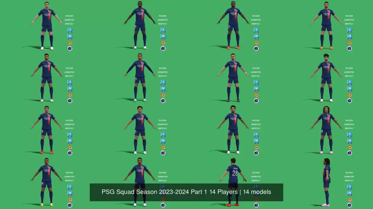 PSG Squad Season 2023-2024 Part 1 14 Players 3D Model Pack