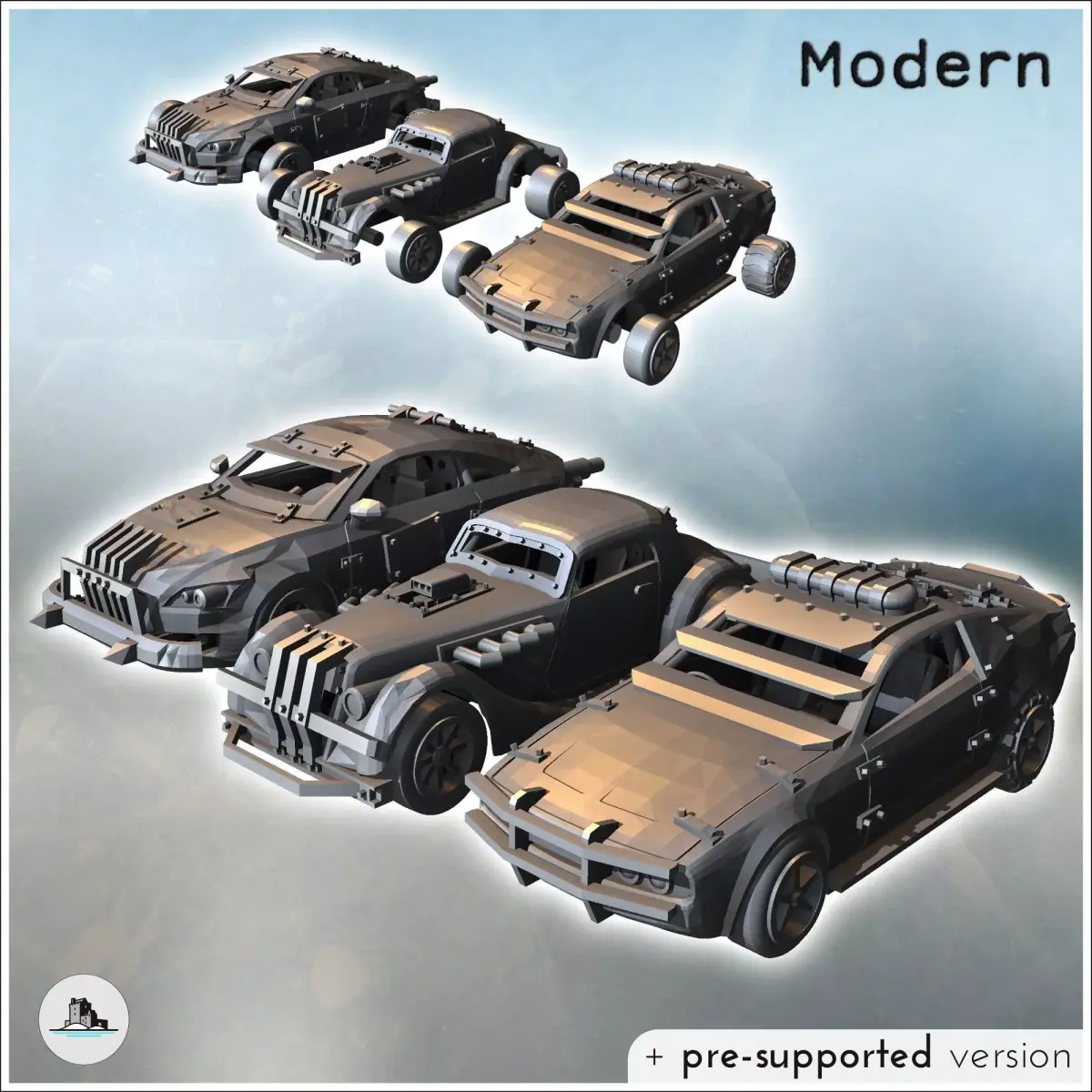 Set of three post-apocalyptic cars with bumper and improvised ar 3D print model