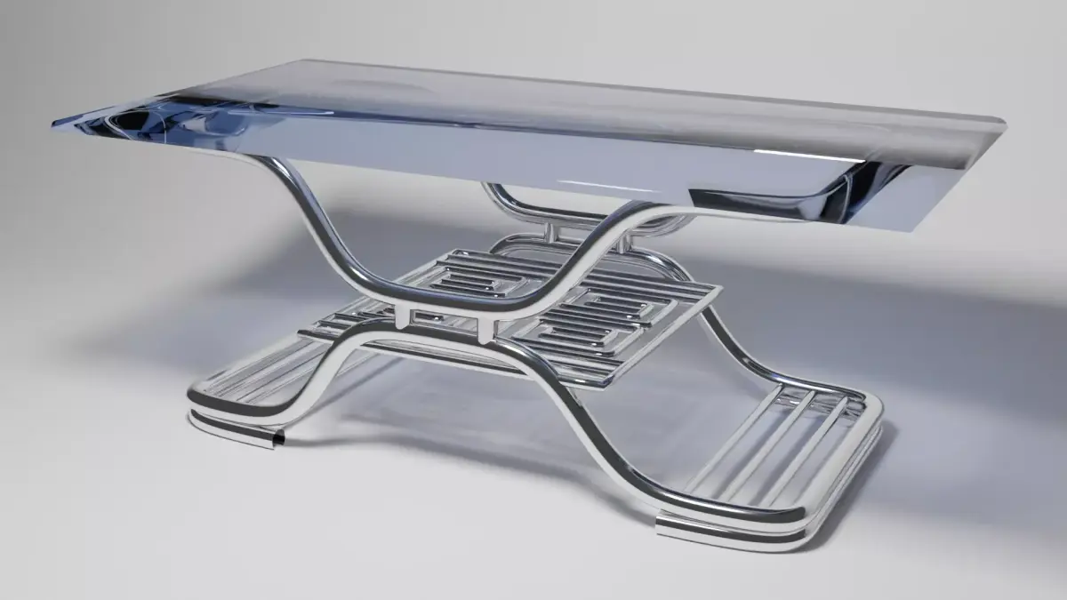 Futuristic Curved Chrome Table with Glass Top  3D Model 3D model