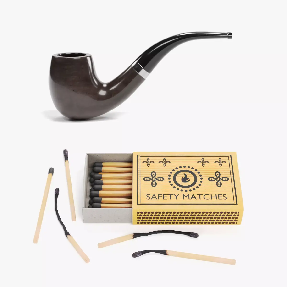 Smoking Pipe with Matchbox Set - Tobacco Pipe and Safety Matches 3D Model Pack