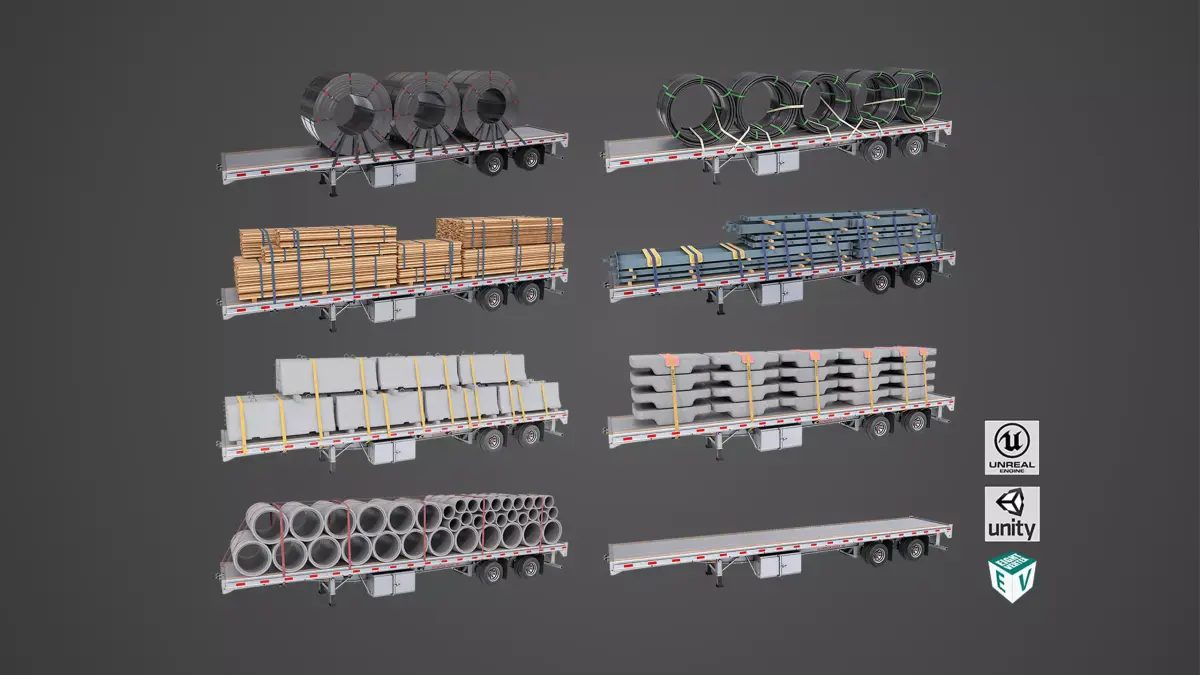 Flatbed Trailer 7 Loads Single Mat All PBR Unity UE Textures Low-poly 3D model