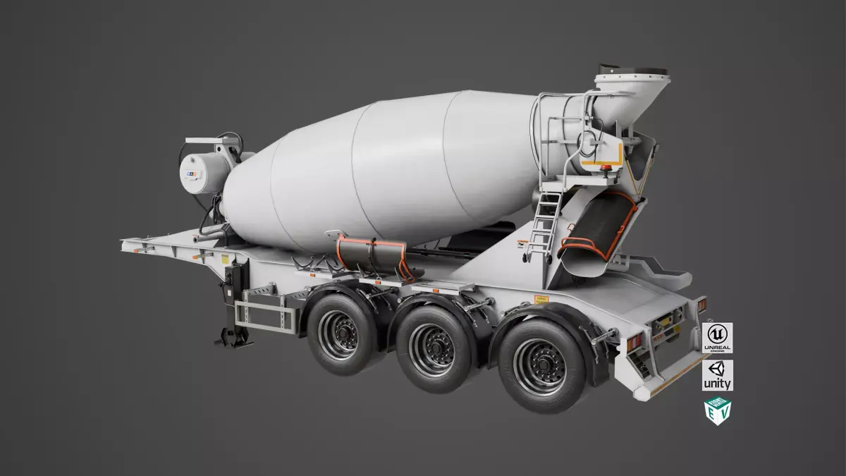 Cement Mixer White Trailer Rigged All PBR Unity UE Textures Low-poly 3D model