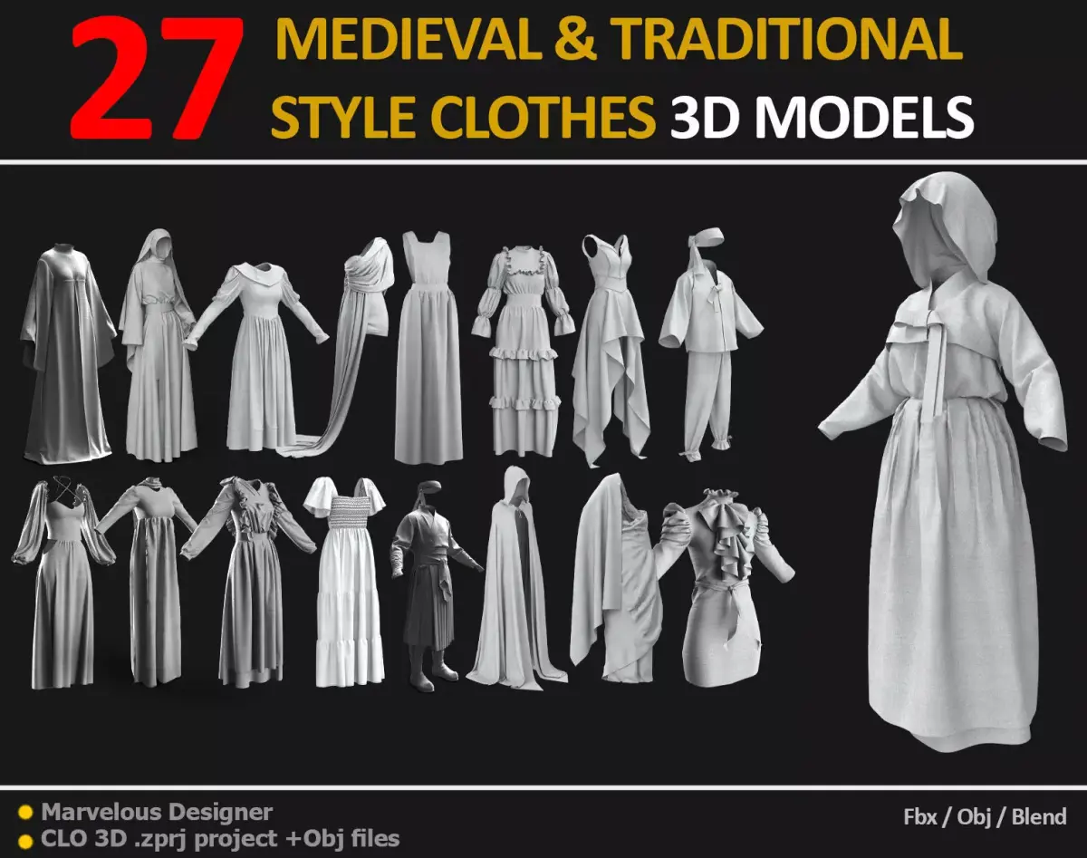 27 MEDIEVAL AND TRADITIONAL STYLE CLOTHES 3D MODELS Low-poly 3D model