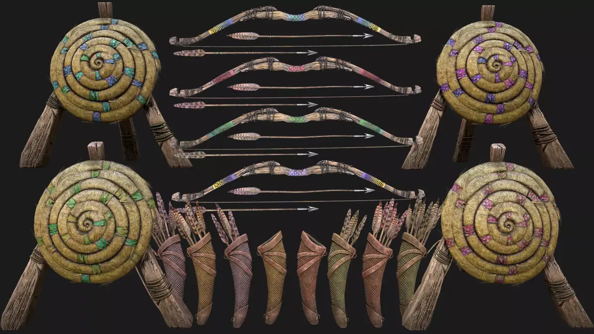 Archer Set Bow Quiver Straw Target Arrows Medieval Weapons Low-poly 3D model