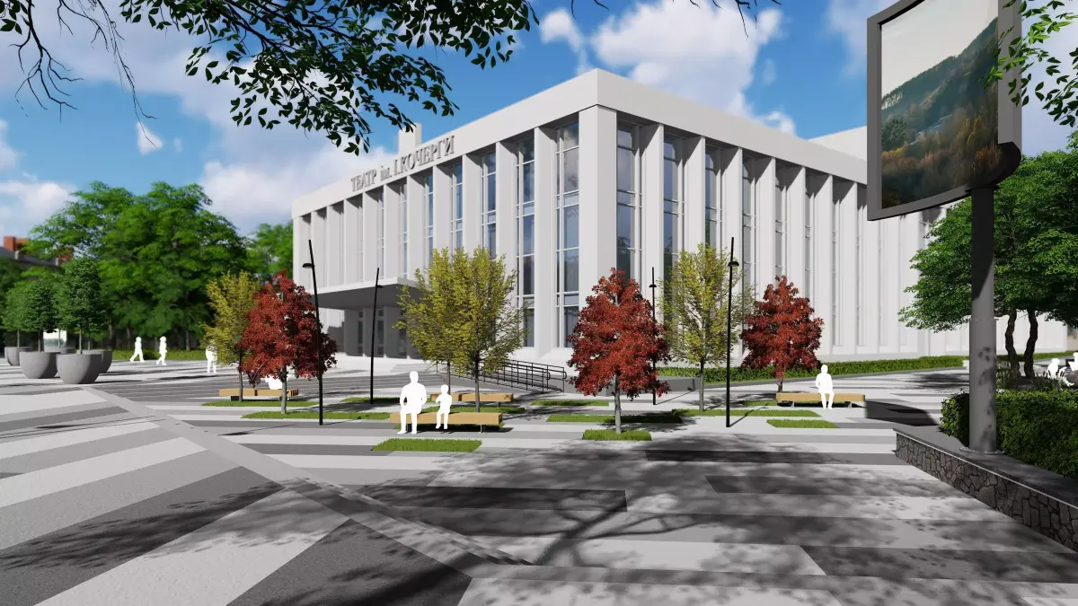 Urban environment with a drama theater building and a square 3D model