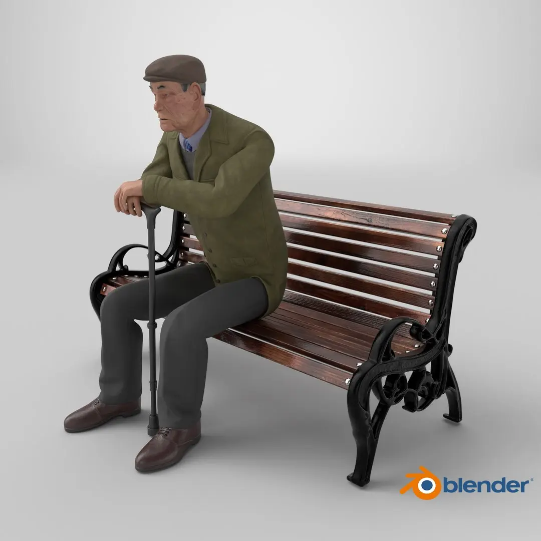 Old Man Sitting on Bench 3D model