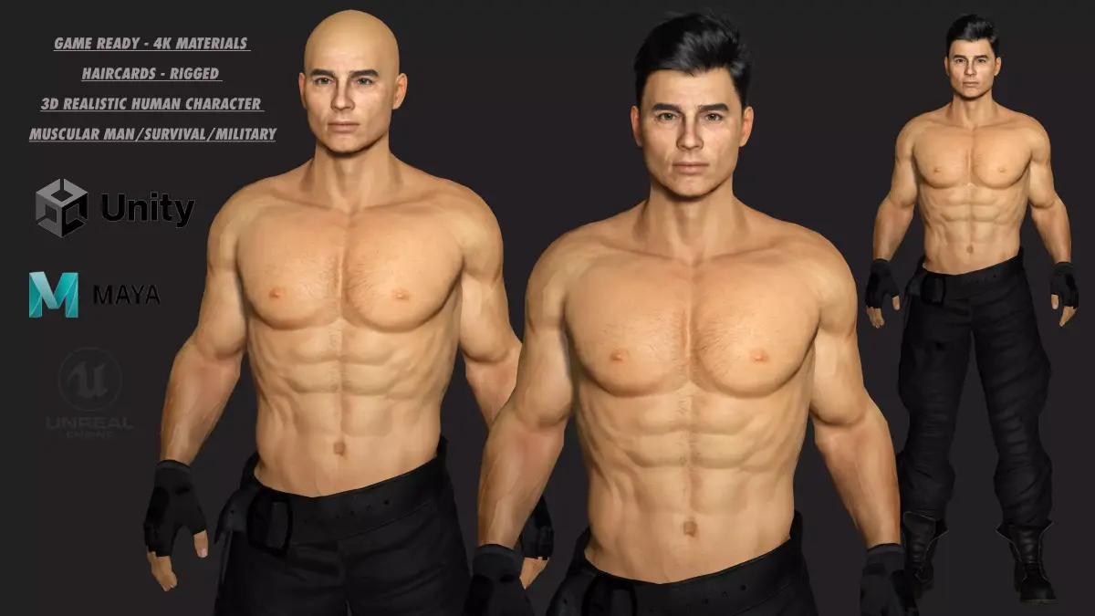 AAA 3D REALISTIC CHARACTER -HANDSOME MUSCULAR  MILITARY SURVIVAL Low-poly 3D model