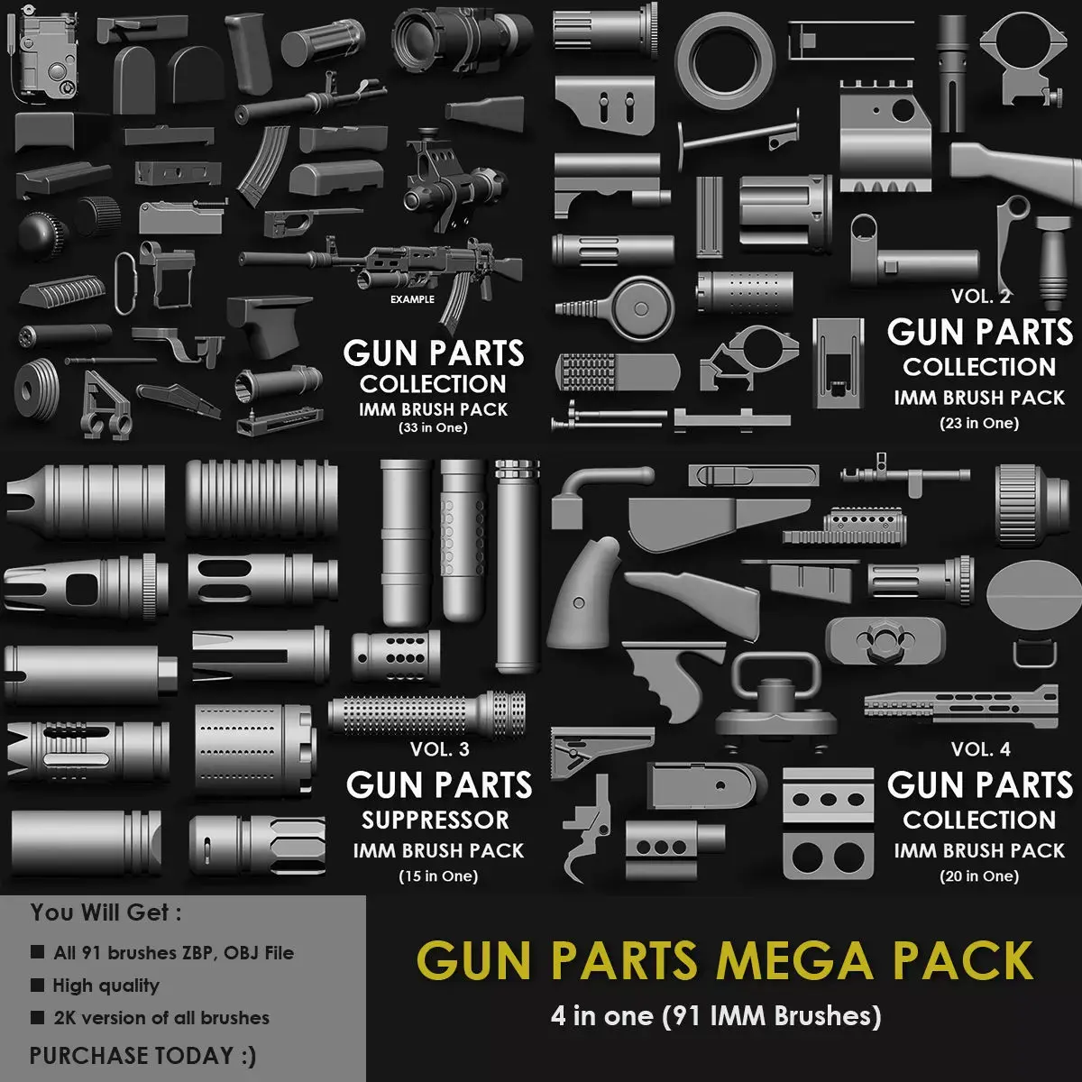 GUN PARTS MEGA PACK 4 IN ONE  91 BRUSHES 3D model