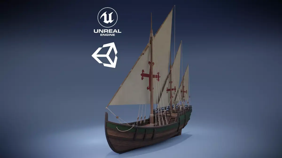 Caravel mediterranean sailing ship Low-poly 3D model