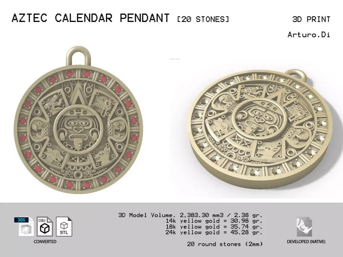 Aztec Calendar Pendant with 20 stones 3D print model purchase