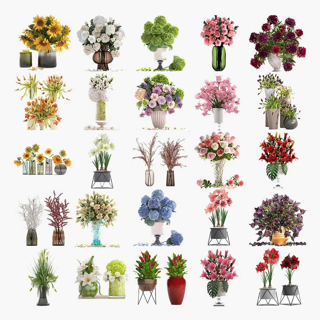 Collection of decorative bouquets of flowers in vases 39 pieces 3D model