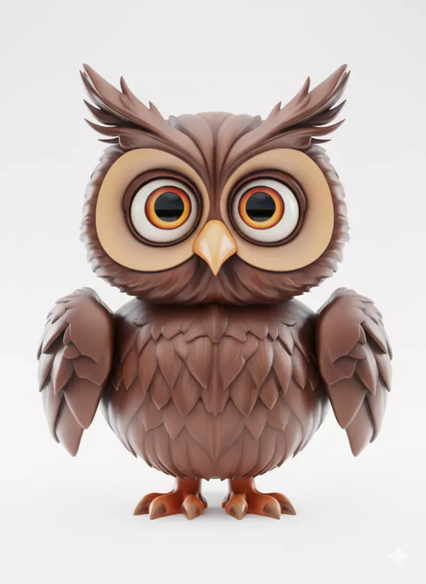 Cute Cartoon Owl 3D Fluffy Bird Big Eyes Feathered Wings Low-poly 3D model