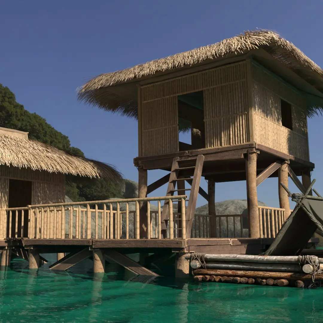 Overwater Bamboo Huts with Connecting Deck and Raft 3D model