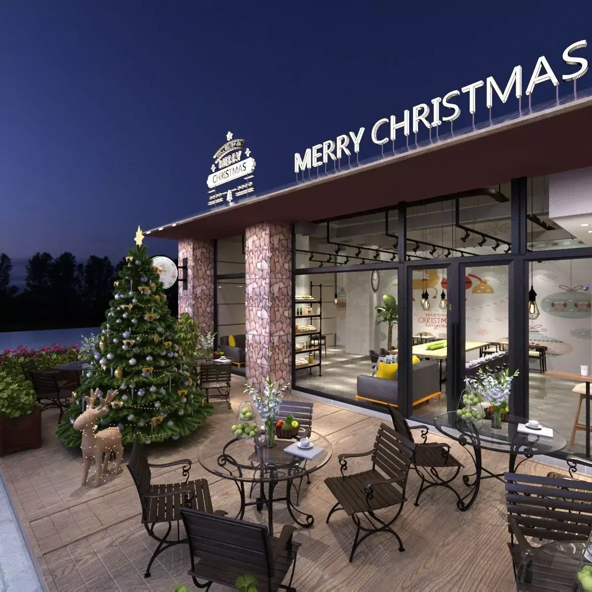 Resturaunt with Christmas Decoration 3D model