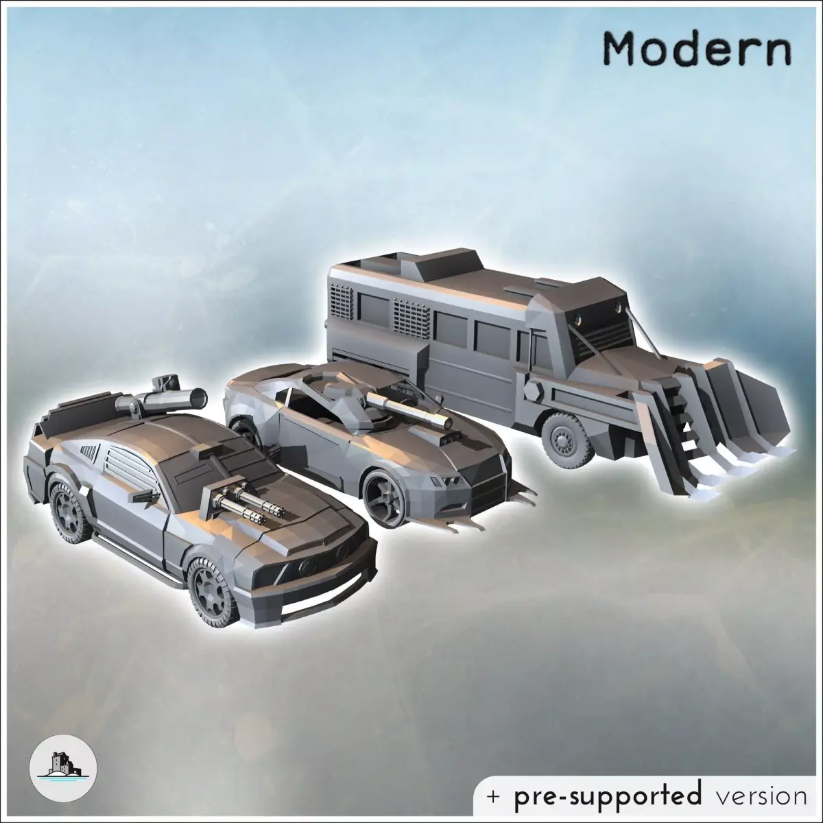 Set of three post-apocalyptic vehicles with improvised armaments 3D print model