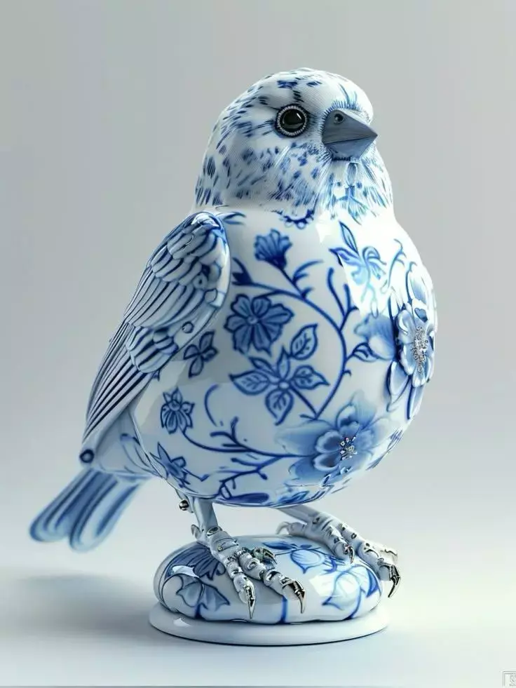 Blue White Porcelain Bird 3D Decorative Ceramic Animal Art Low-poly 3D model
