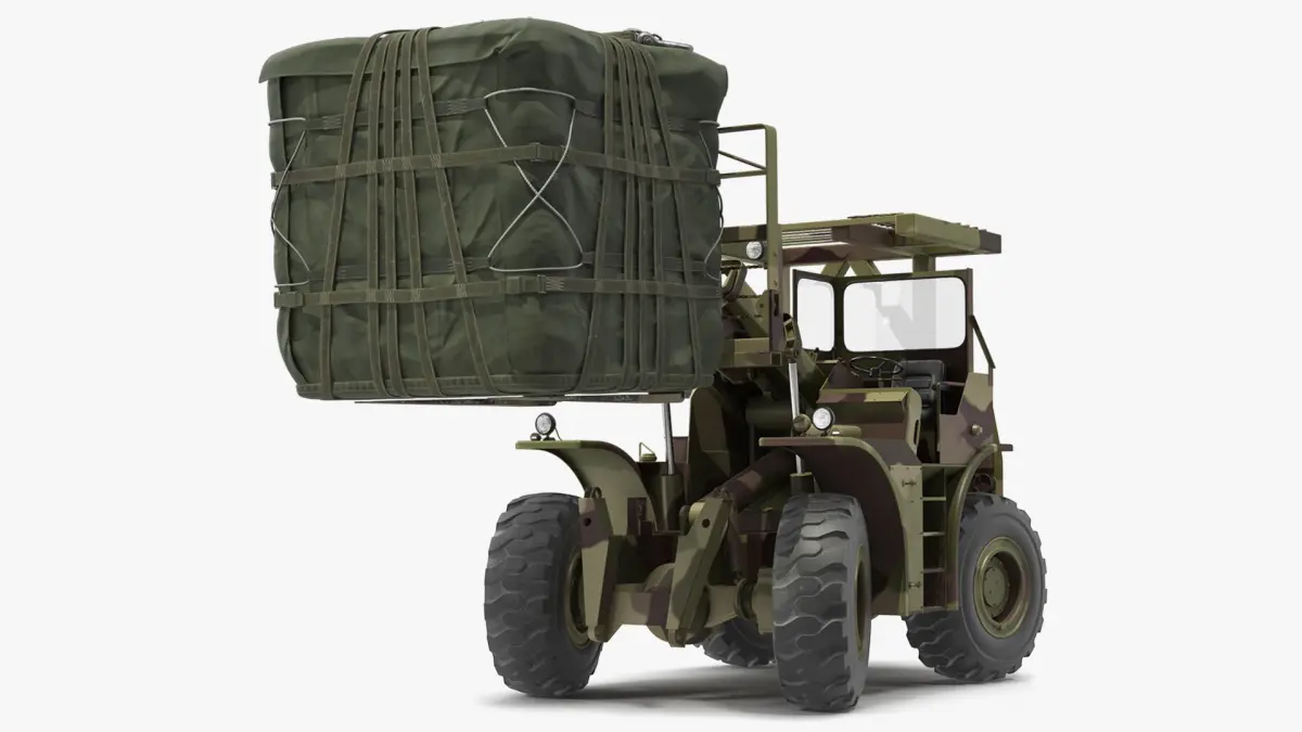 Pettibone Rough Terrain Military Forklift with Cargo Rigged  purchase 3D model