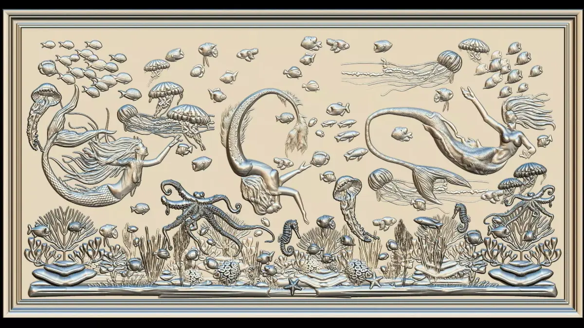 Aquatic Mermaid Theme Panno v6 STL for CNC Relief engraving 3D model