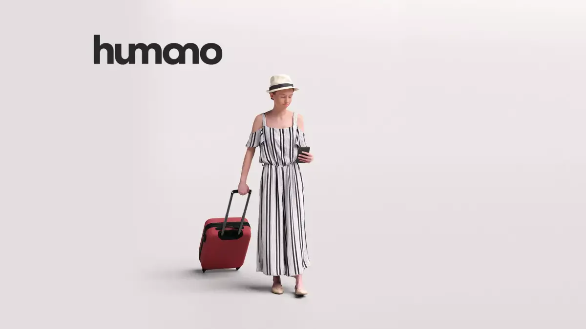 Humano Traveling Woman with hat suitcase and phone 2206-4 3D model