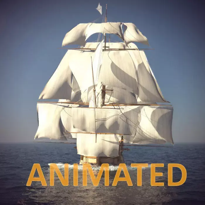 Ship Animated Sail and foam with splashes 3D model