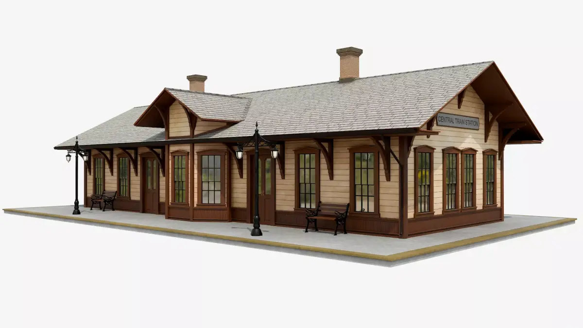 Vintage Wooden Train Station Low-poly 3D model