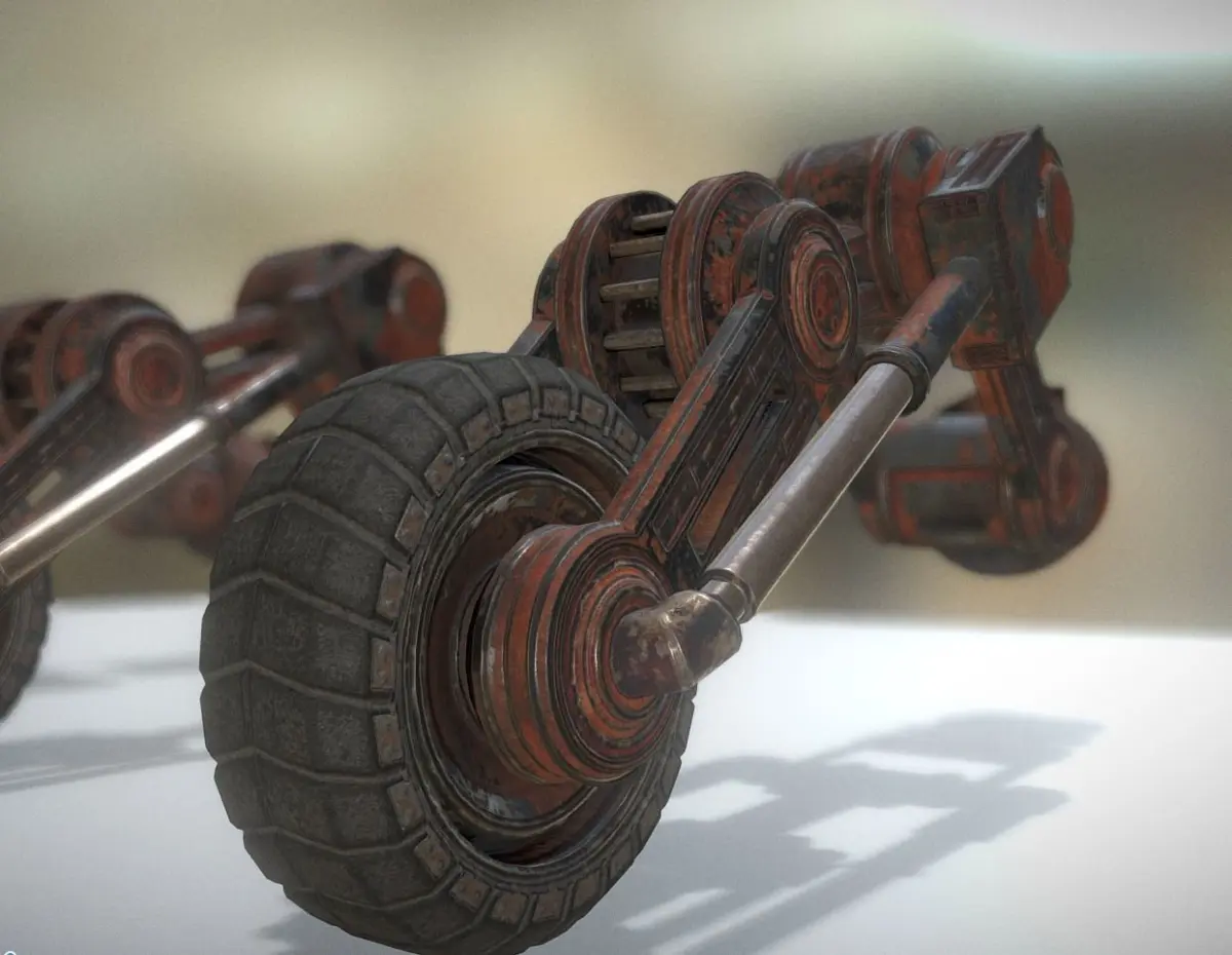 Hydraulic Suspension with Tires Rusty Version Rigged and Animate Low-poly 3D model
