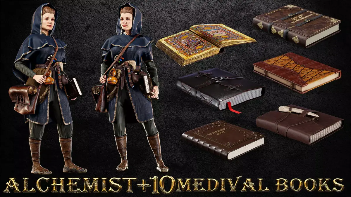 ALCHEMIST WITH 10 MEDIVAL BOOKS Low-poly 3D model