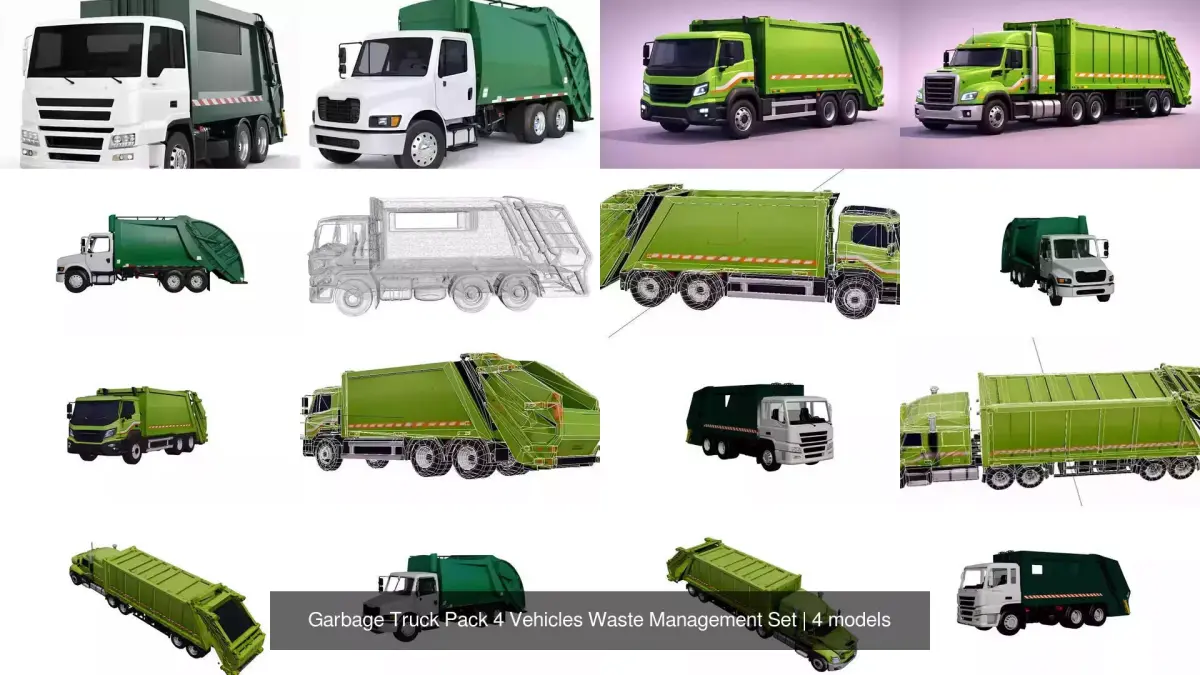 Garbage Truck Pack 4 Vehicles Waste Management Set