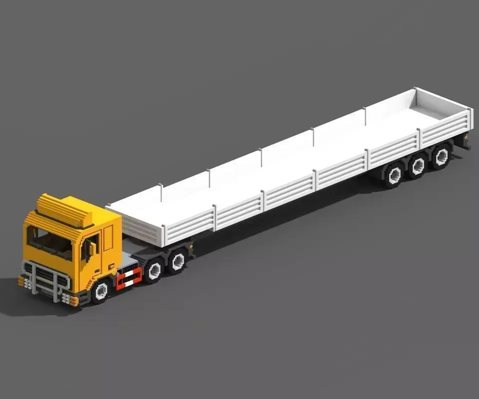 Voxel Truck And Flatbed Trailer Low-poly 3D model