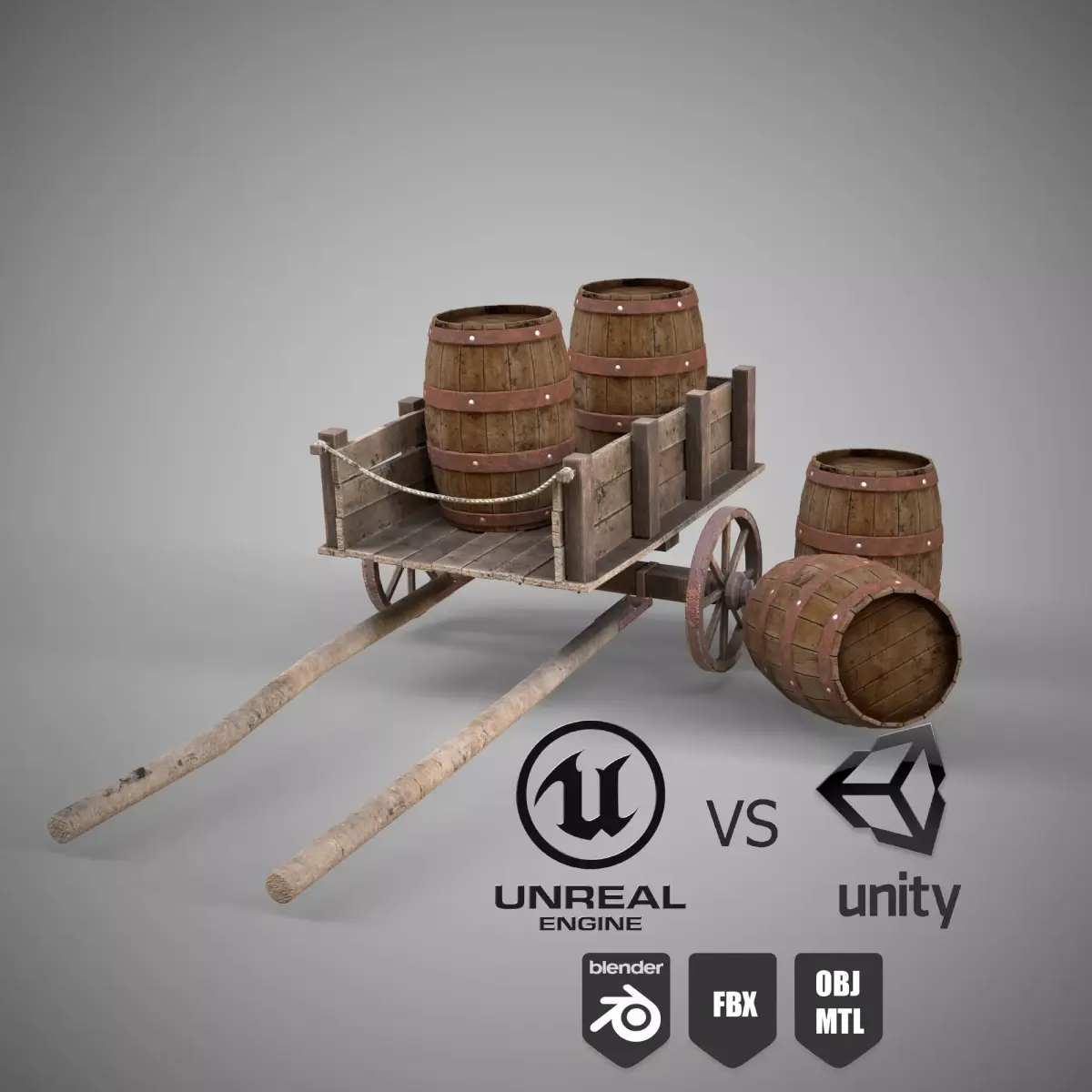 Low-poly 3D model collection of cart and wooden barrels Low-poly 3D model