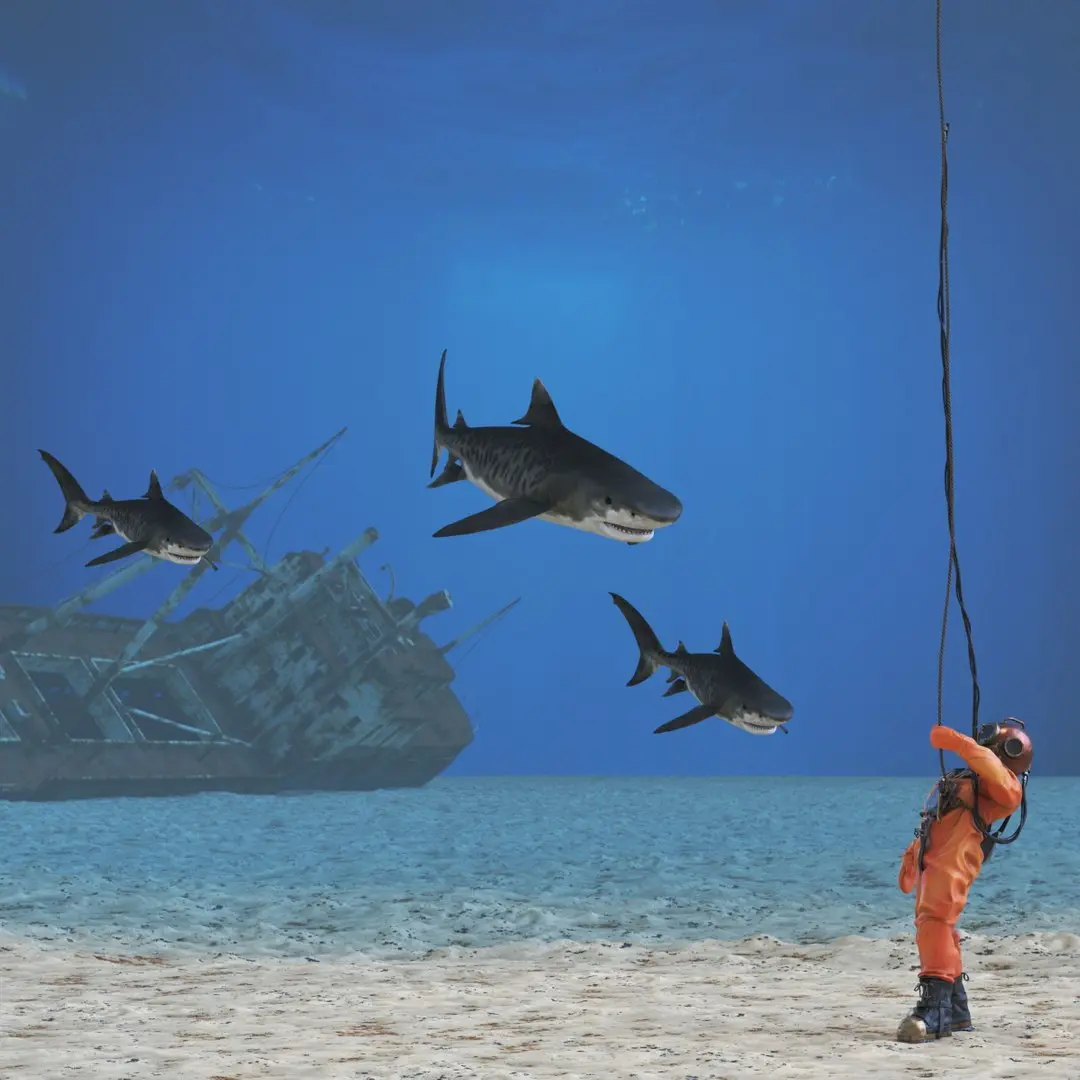Old Copper Diving Suit and White Shark 3D model